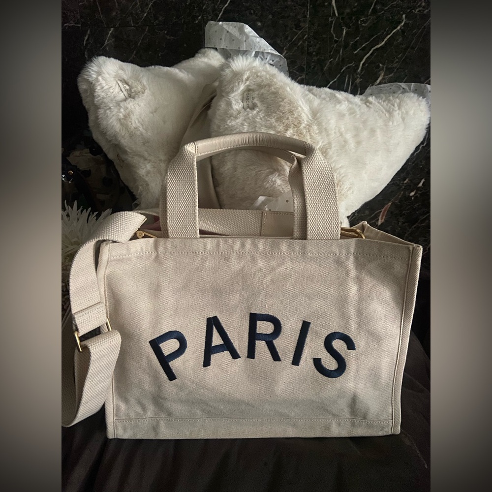 Anthropologie Embroidered Paris Canvas Tote with Leather Handles in Cream. New